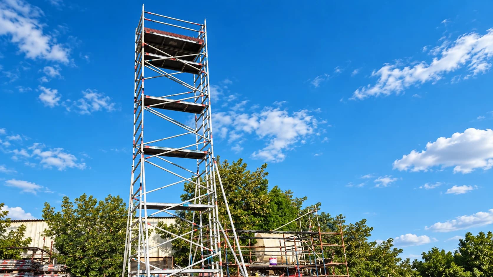 Tall scaffold access tower with working platforms and diagonal bracing under a blue sky
