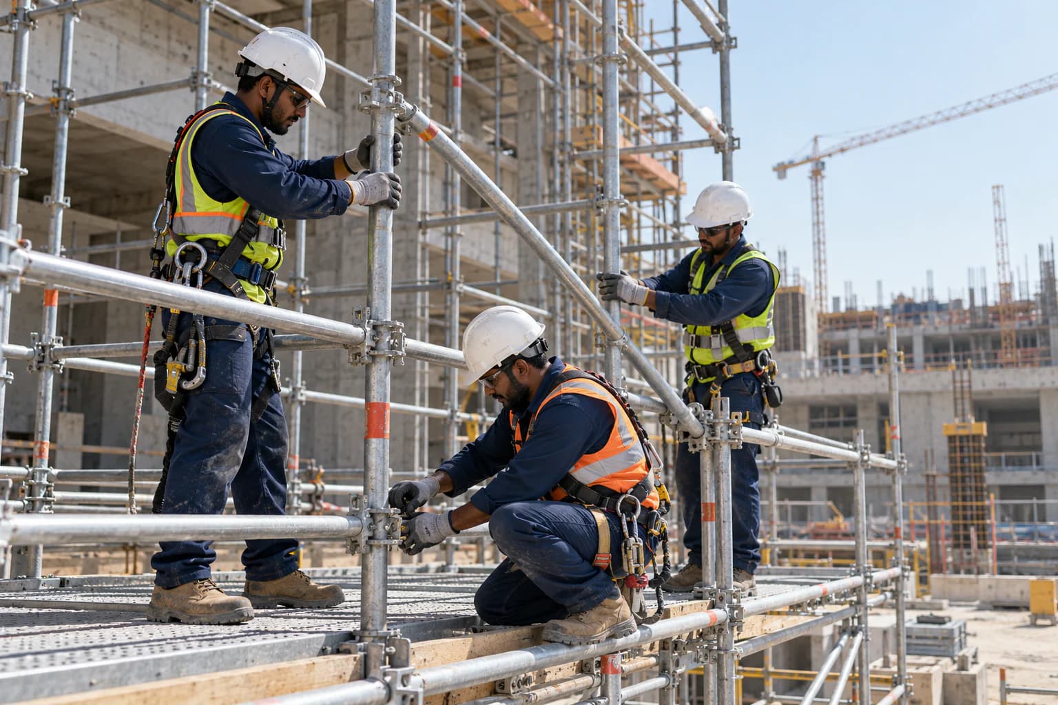 A site team assembling steel scaffolding with working platforms